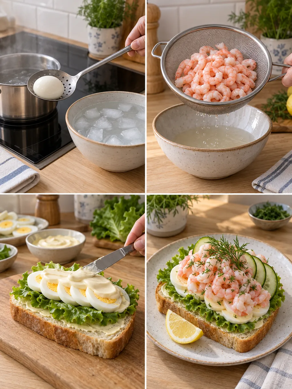 Ägg kyls, räkor rinner av och en räksmörgås byggs och serveras med dill