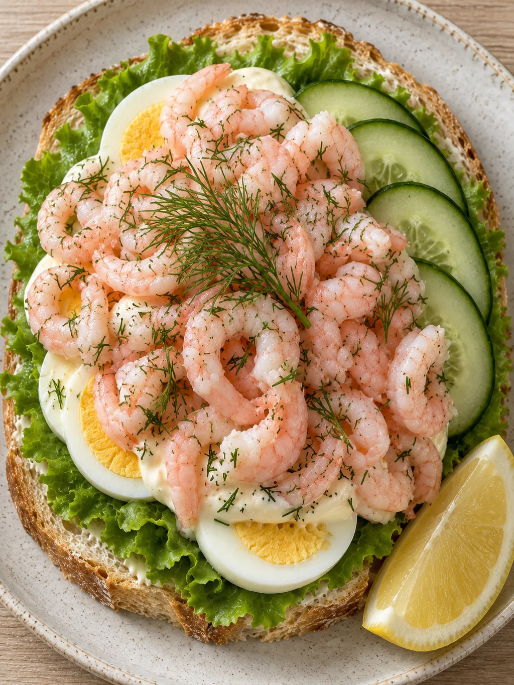 Räksmörgås med en generös hög räkor, äggskivor, dill och gurka