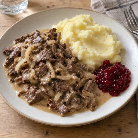 Renskav i gräddsås med lök, potatismos och röd lingonsylt på en ljus tallrik
