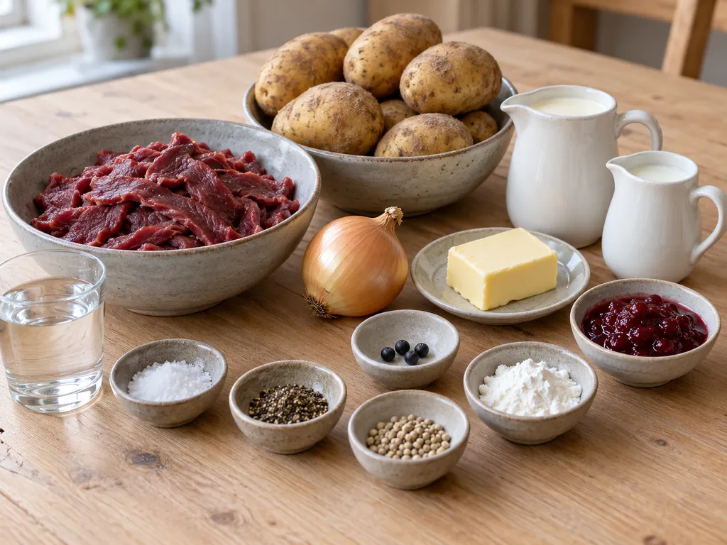 Renskav, potatis, lök, grädde, mjölk, smör, enbär och lingonsylt inför tillagningen