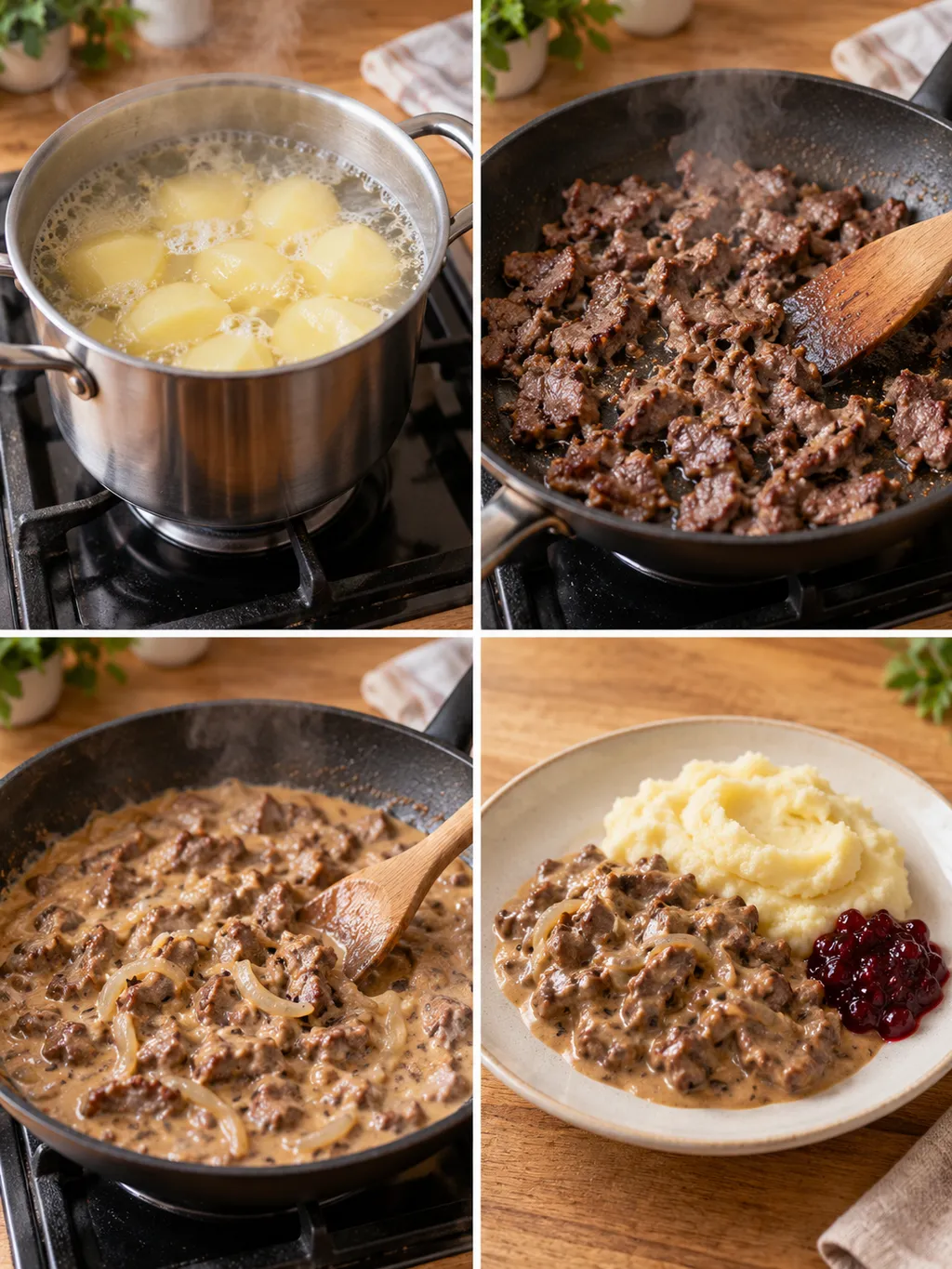 Potatis kokas, renskav bryns och såsen sjuder före servering med mos och lingon