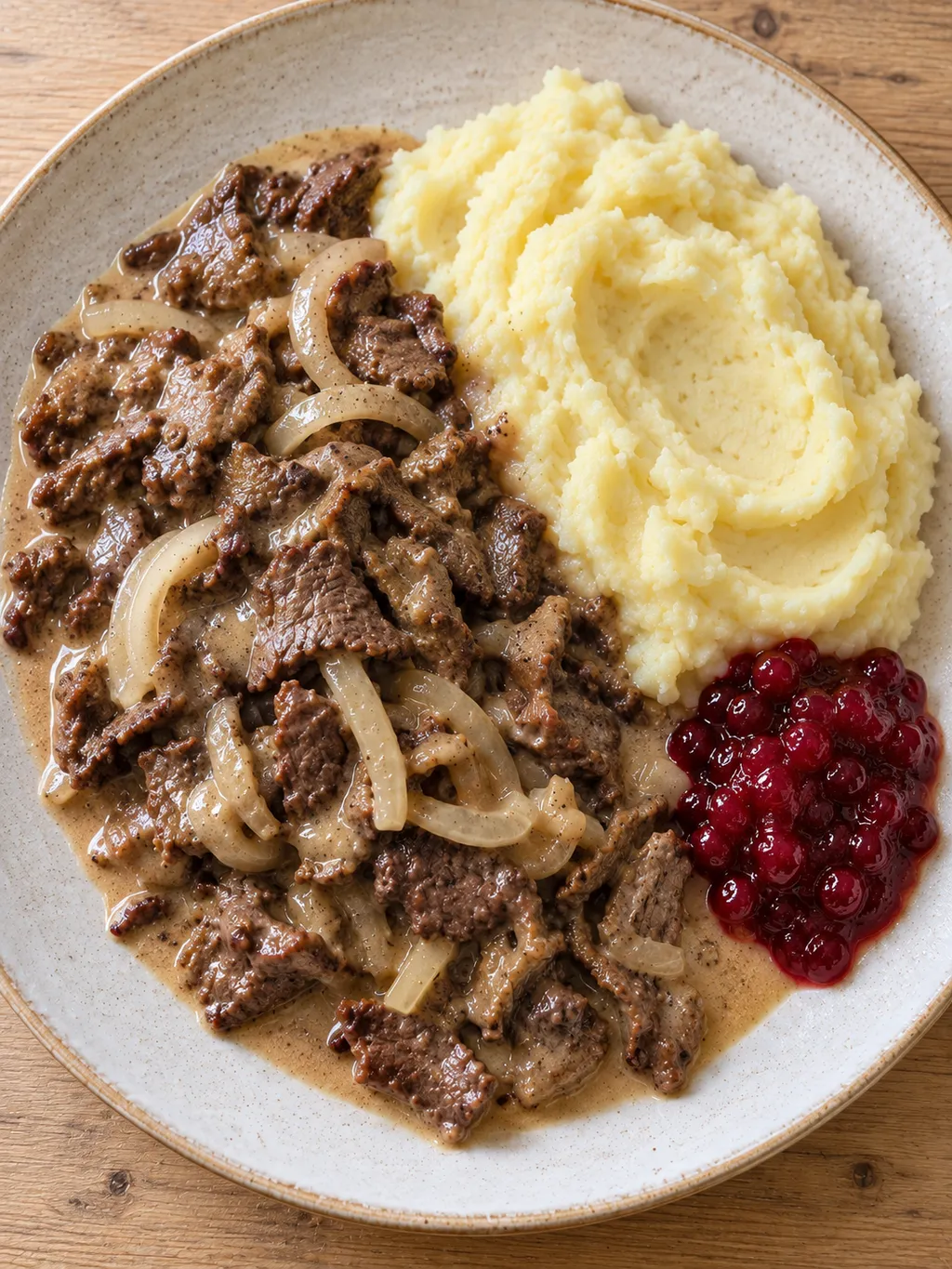 Renskav med ljus gräddsås, luftigt potatismos och lingonsylt sedd ovanifrån