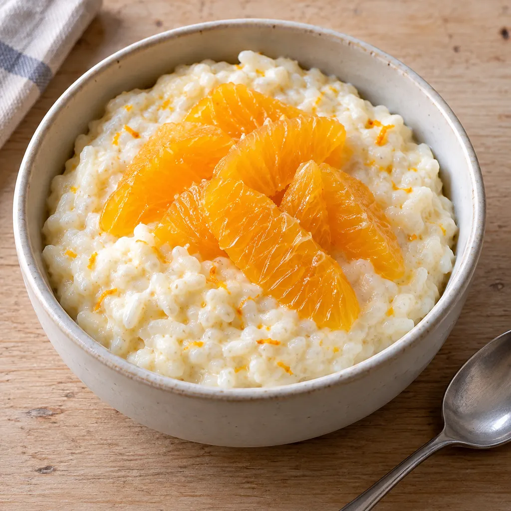 Ris à la Malta med orange apelsinfiléer i en ljus keramisk skål