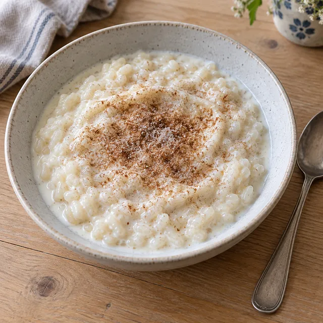 Krämig risgrynsgröt med kanelsocker och kall mjölk i en ljus skål