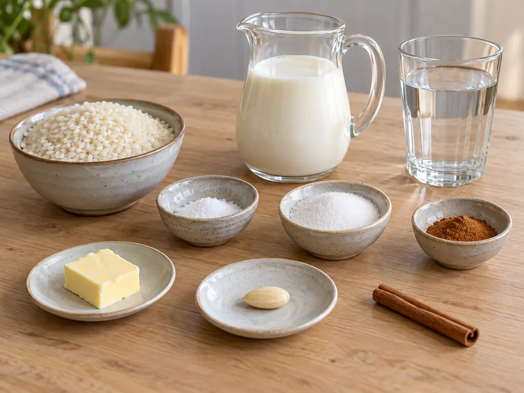 Grötris, mjölk, vatten, smör, sötmandel, kanel, socker och salt