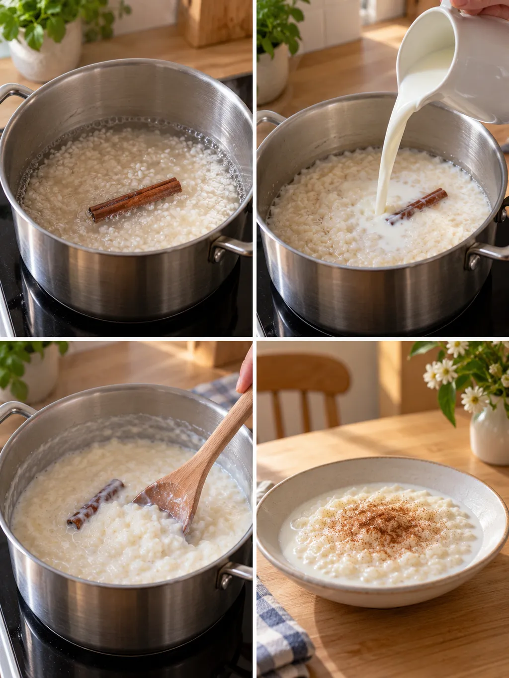 Risgrynsgröt från förkokning och mjölktillsats till färdig skål med kanelsocker