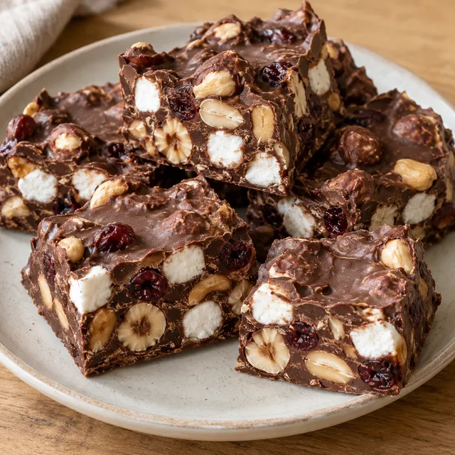 Rocky road med vita marshmallows, hasselnötter, jordnötter och tranbär