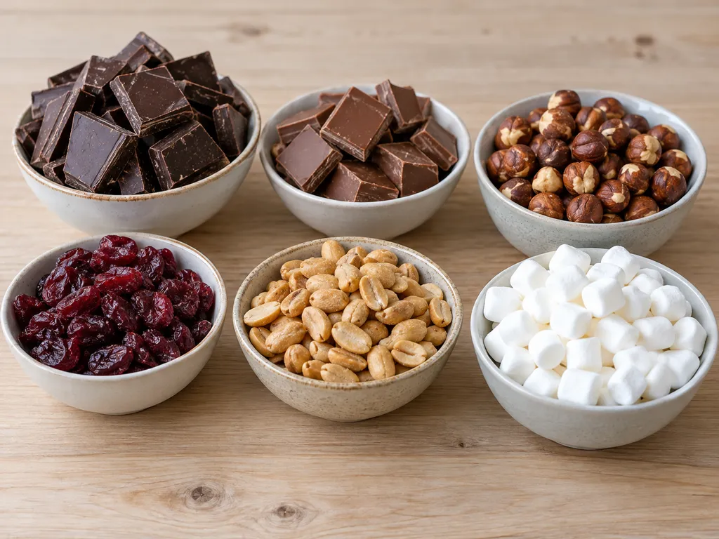 Mörk choklad, mjölkchoklad, marshmallows, hasselnötter, jordnötter och tranbär