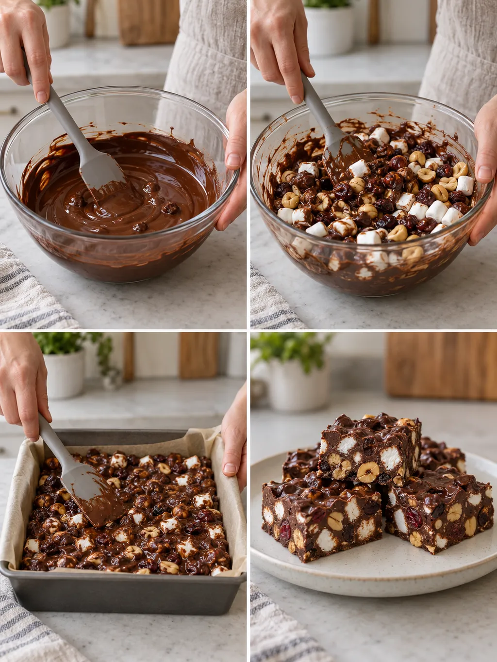 Choklad smälts, fyllning blandas i och rocky road formas och skärs upp