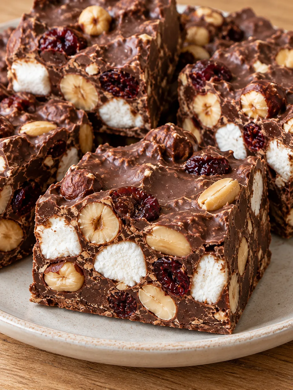 Tjocka rocky road-bitar med marshmallows och nötter synliga i snittytorna