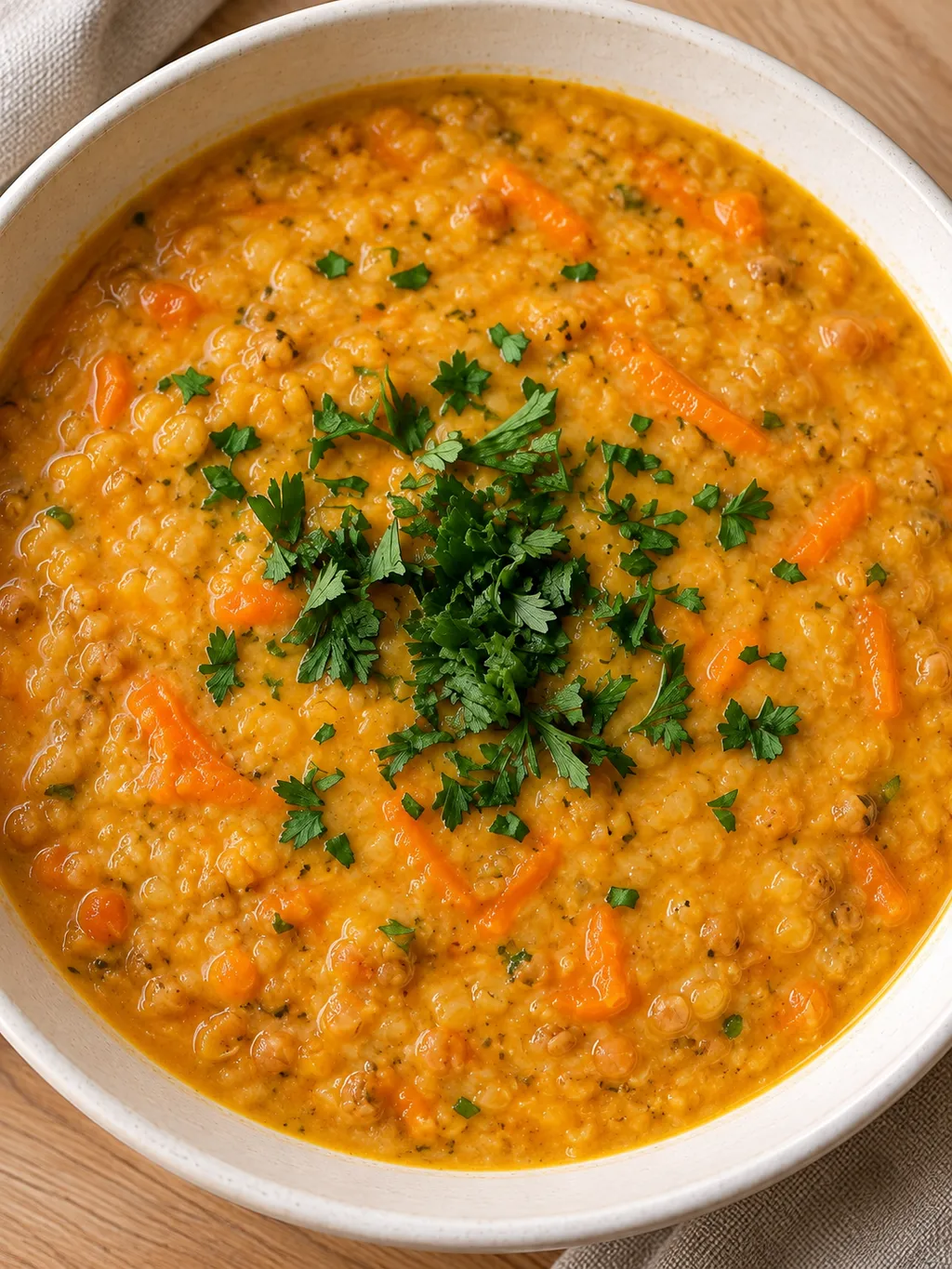 Krämig gulorange linssoppa med kokosmjölk och persilja