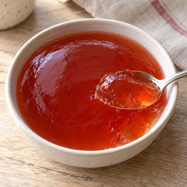 Rödorange rönnbärsgelé med äpple i en ljus skål med en liten serveringssked