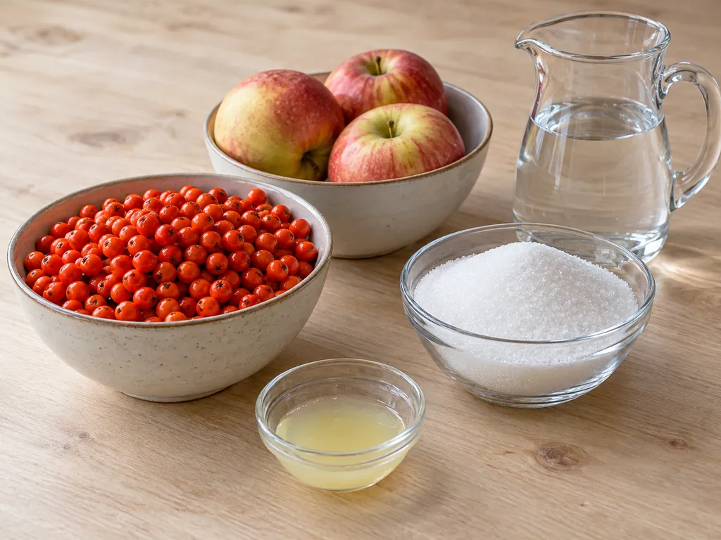 Rönnbär, äpplen, vatten, strösocker och citronjuice i separata skålar