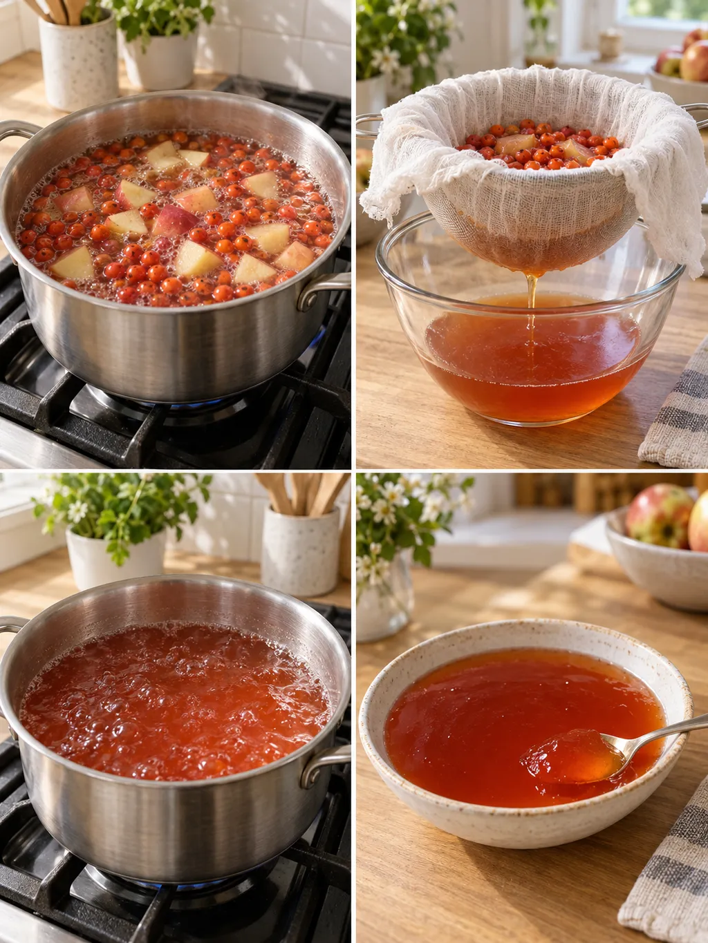 Rönnbär och äpple kokas, silas och blir till klar gelé i en ljus skål