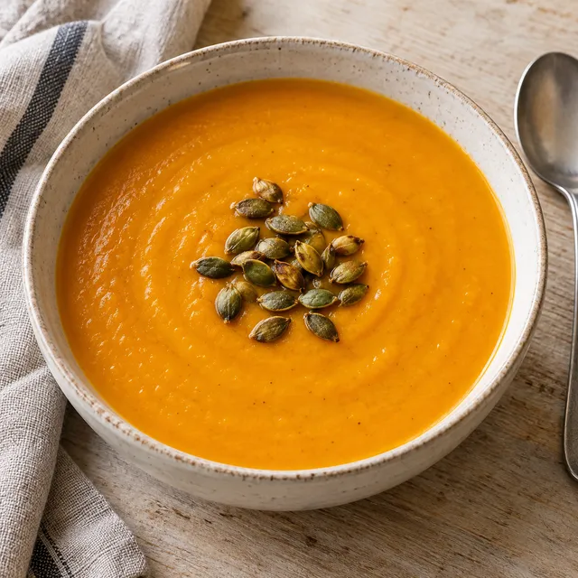 Orange pumpasoppa med ingefära och rostade pumpakärnor i en ljus skål