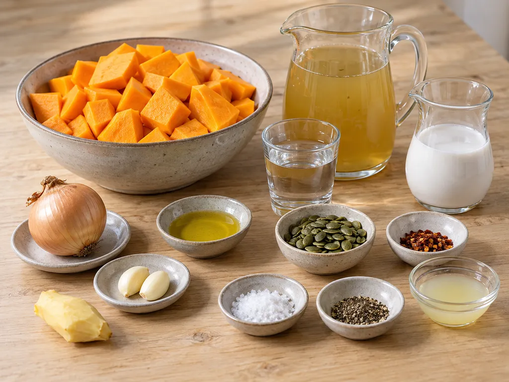 Butternutpumpa, ingefära, kokosmjölk och övriga råvaror till pumpasoppa
