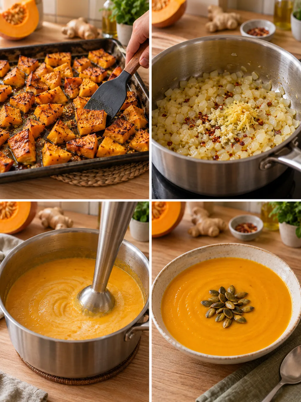 Pumpa rostas, lök fräses och soppa mixas före servering med pumpakärnor