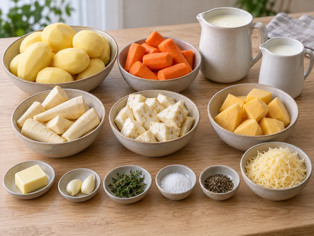 Potatis, fyra rotfrukter, grädde, mjölk, ost och timjan i separata kärl