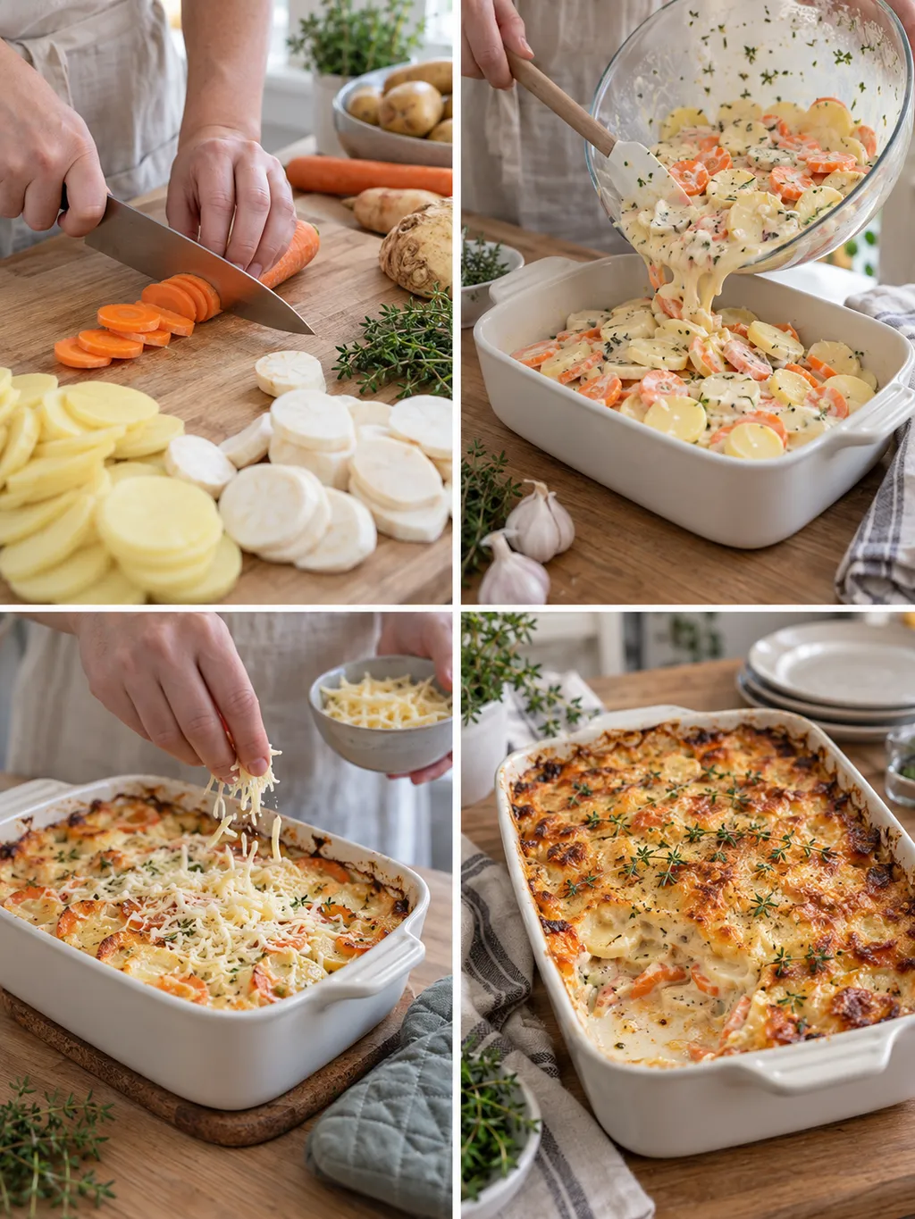 Rotfrukter skivas, blandas med grädde och gratineras till en gyllene gratäng