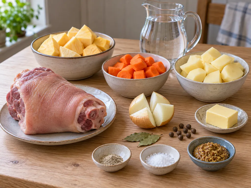 Fläsklägg, kålrot, potatis, morötter, smör och kryddor till rotmos
