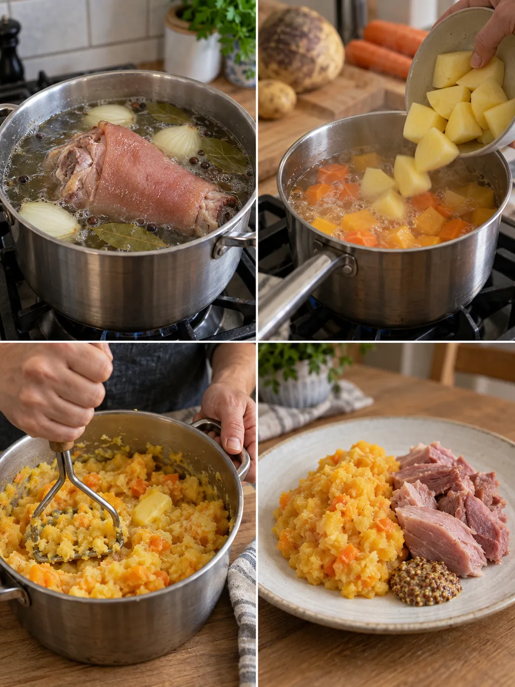 Fläsklägg sjuds, rotfrukter kokas och stöts till rotmos före servering