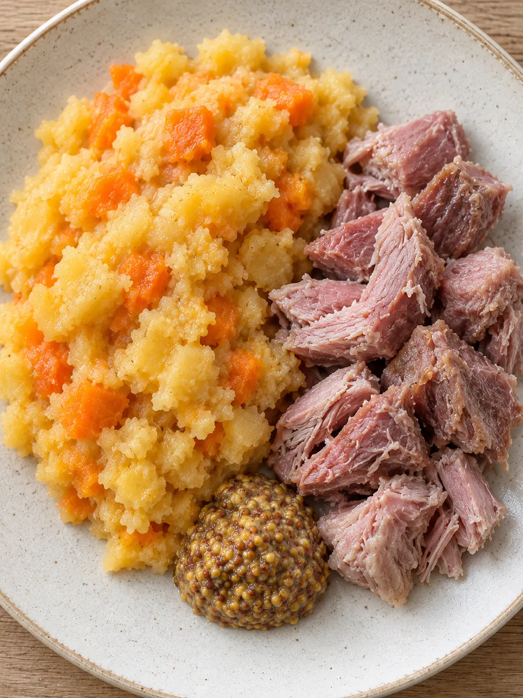 Gulorange rotmos med bitar av rimmad fläsklägg och grov senap