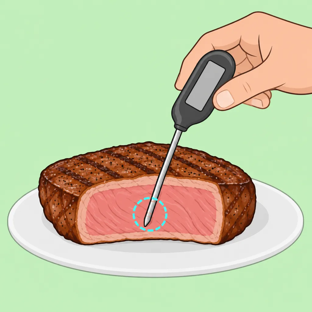 En stektermometer förs in i den tjockaste delen av en köttbit.