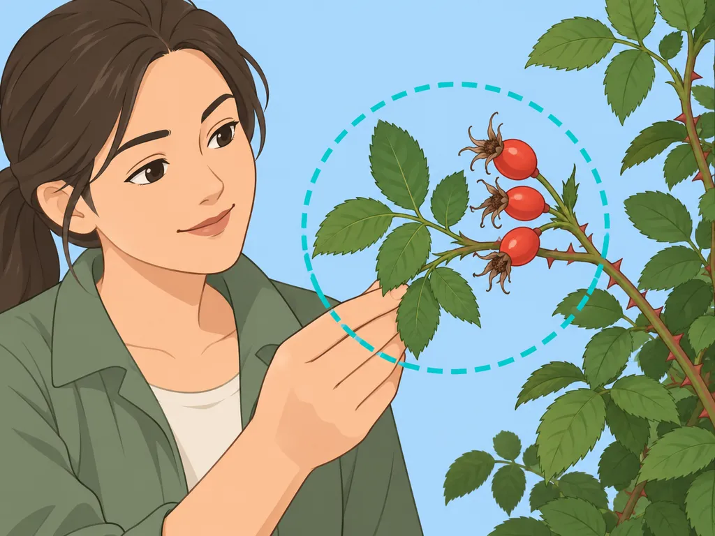 En person granskar rosbuskens blad och nypon för att identifiera växten.