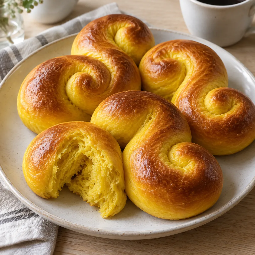Gyllene lussekatter utan russin med mjukt saffransgult inkråm på ett ljust fat