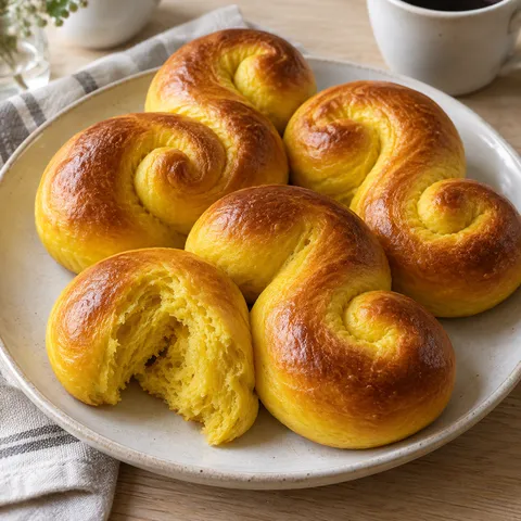 Gyllene lussekatter utan russin med mjukt saffransgult inkråm på ett ljust fat