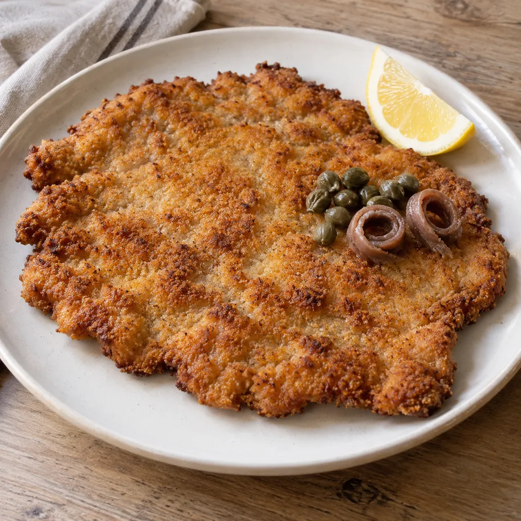 Gyllene kalvschnitzel med kapris, två rullade sardeller och citronklyfta