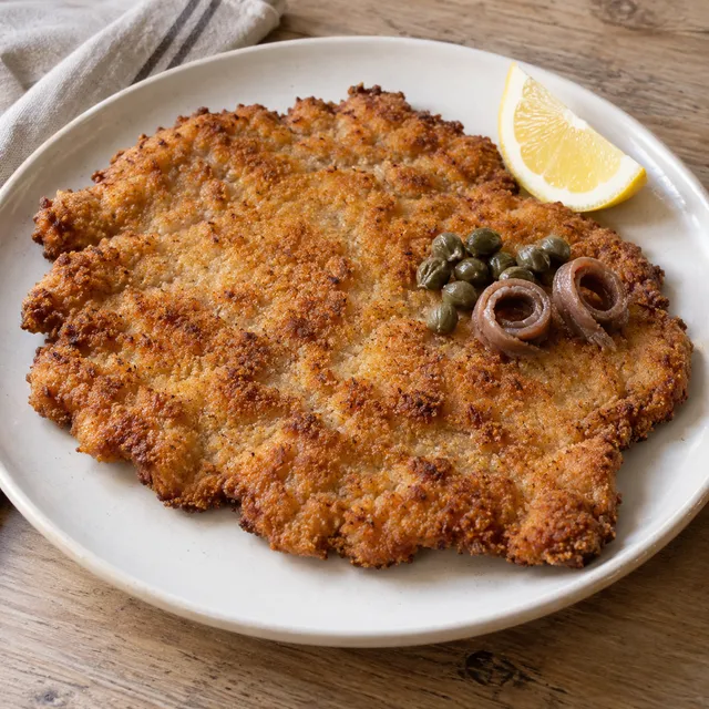 Gyllene kalvschnitzel med kapris, två rullade sardeller och citronklyfta