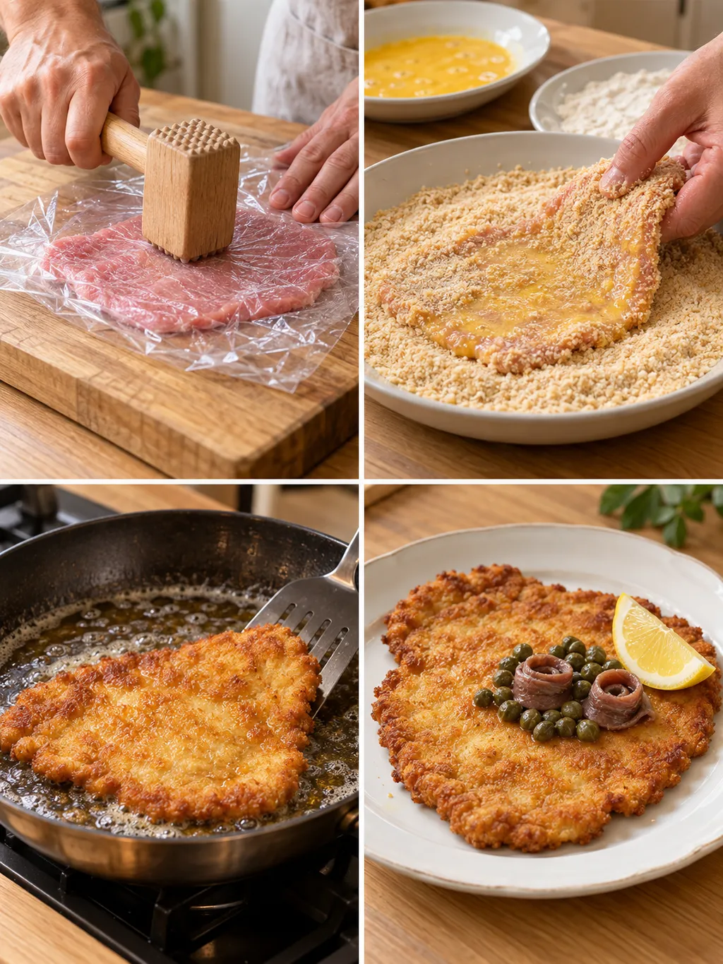 Kalv bankas, paneras och steks till schnitzel med citron, kapris och sardeller