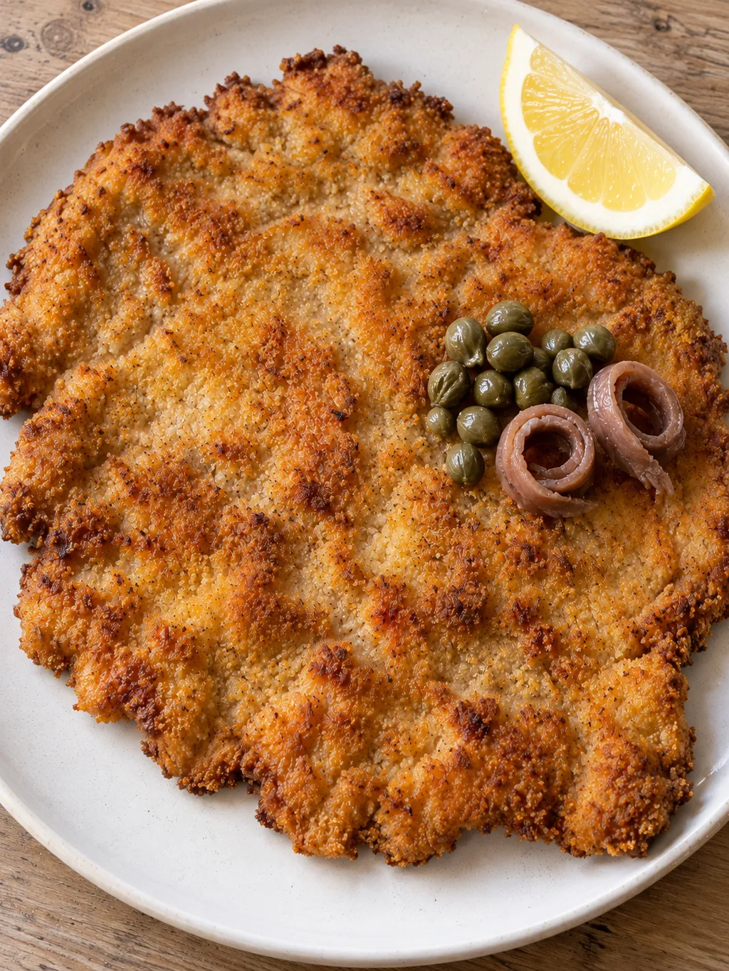Frasig kalvschnitzel med kapris, sardeller och citron på ljus tallrik