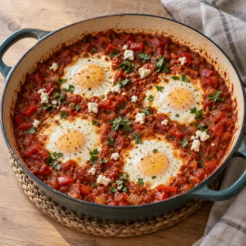 Shakshuka med fyra ägg i röd tomatsås, smulad fetaost och persilja