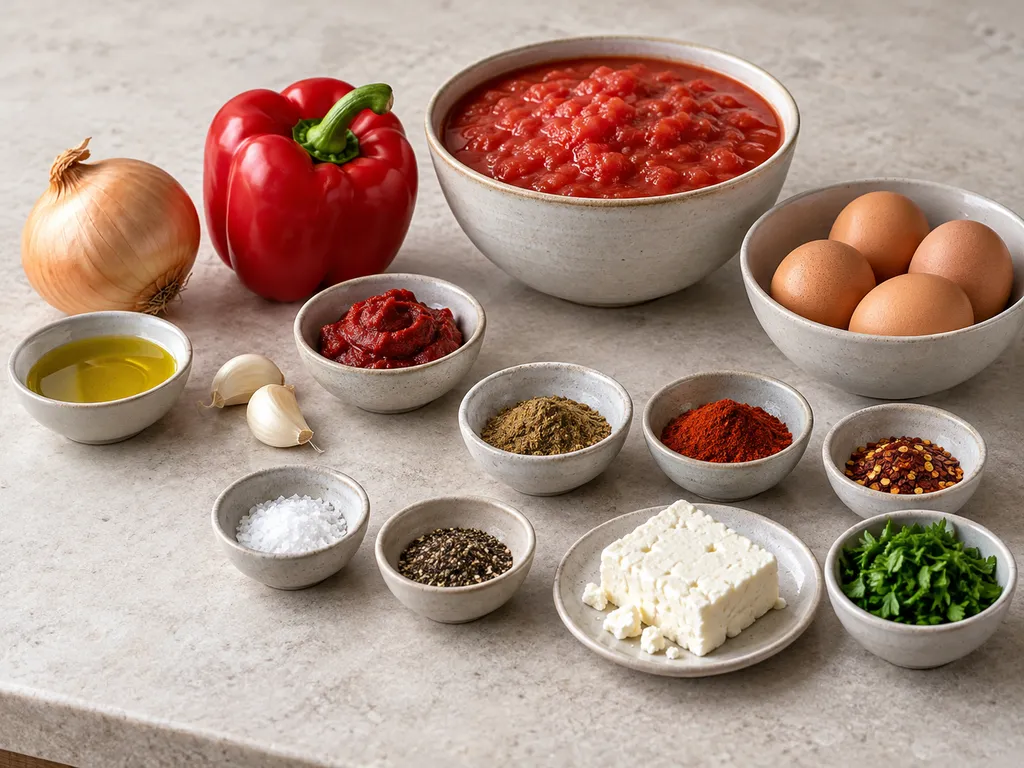 Tomater, paprika, lök, fyra ägg, kryddor, fetaost och persilja till shakshuka