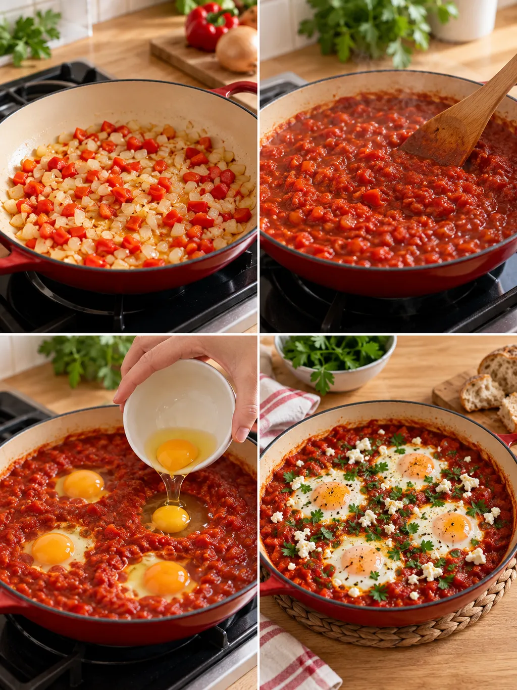 Lök och paprika fräses, såsen sjuder och äggen tillsätts till färdig shakshuka