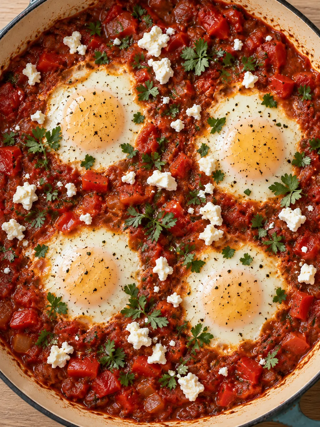 Shakshuka med ägg, fetaost och persilja i en panna med fyllig tomatsås