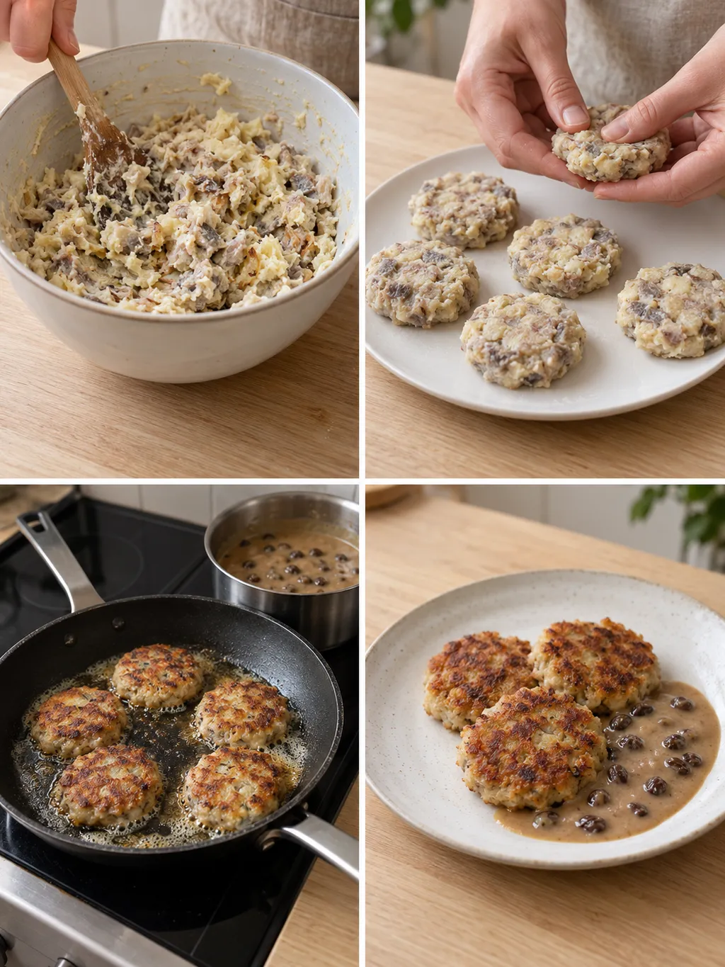 Sillbullar blandas, formas och steks före servering med korintsås
