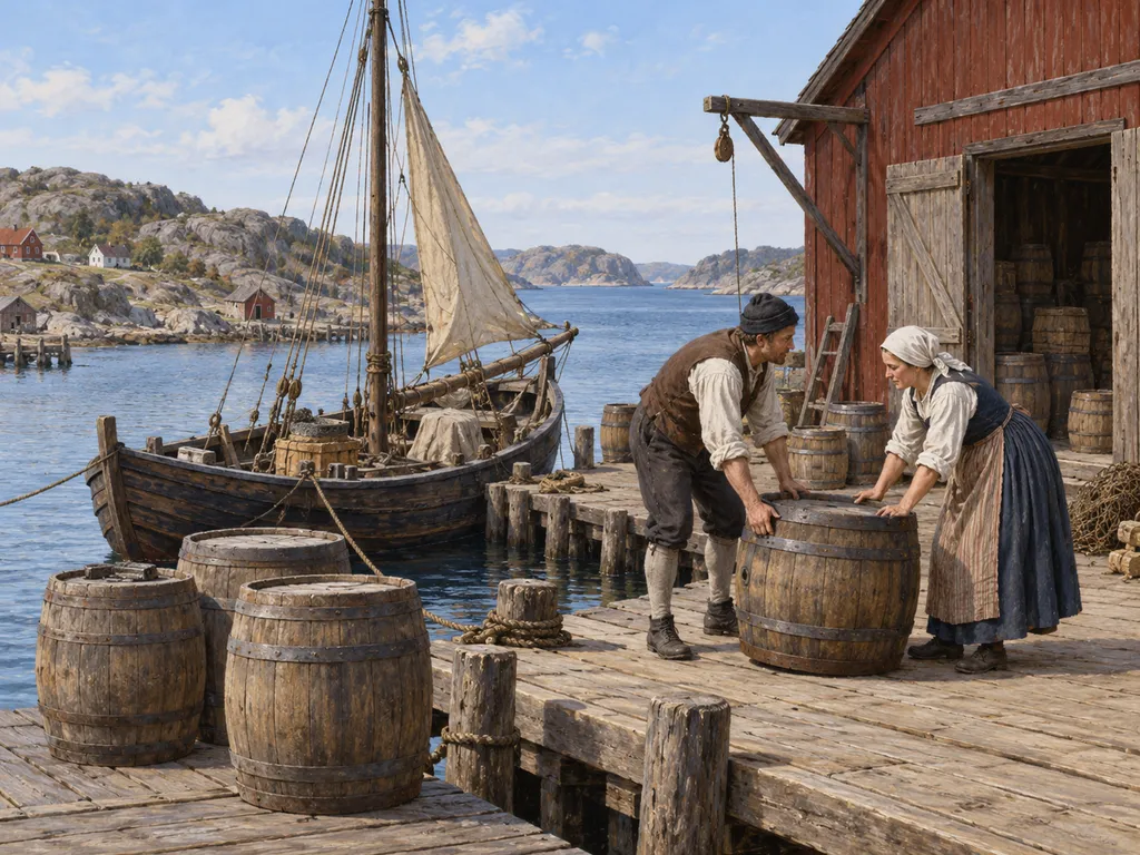 Historisk illustration av tunnor, lagerhus och en arbetsbåt vid en kustbrygga.