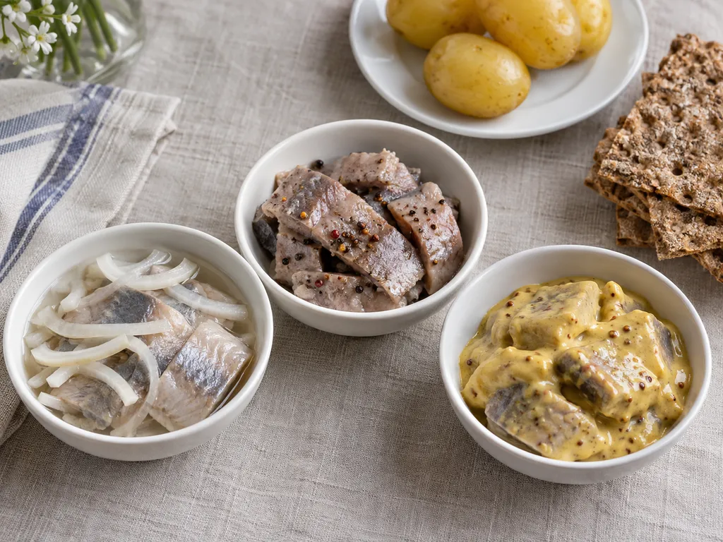 Löksill, matjessill och senapssill i tre skålar med potatis och knäckebröd bredvid.