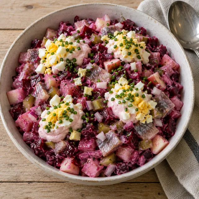 Sillsallad med rödbetor och äpple toppad med rosa grädde, hackat ägg och gräslök