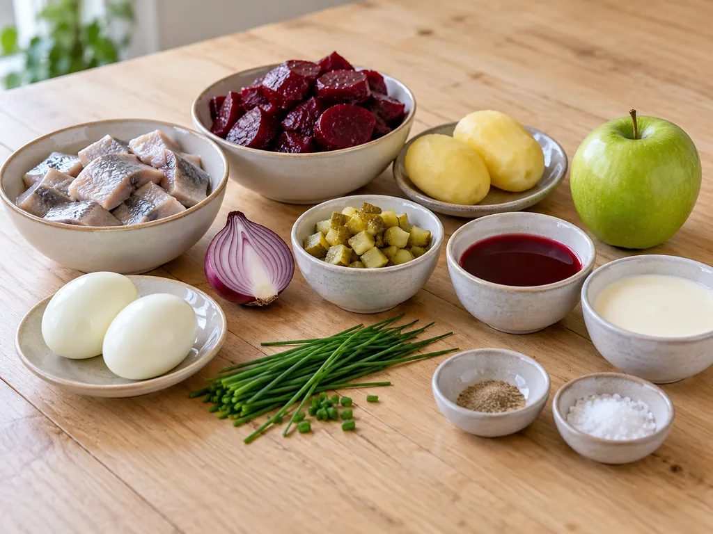 Sill, rödbetor, potatis, äpple, lök, saltgurka, grädde, ägg och gräslök till sillsallad