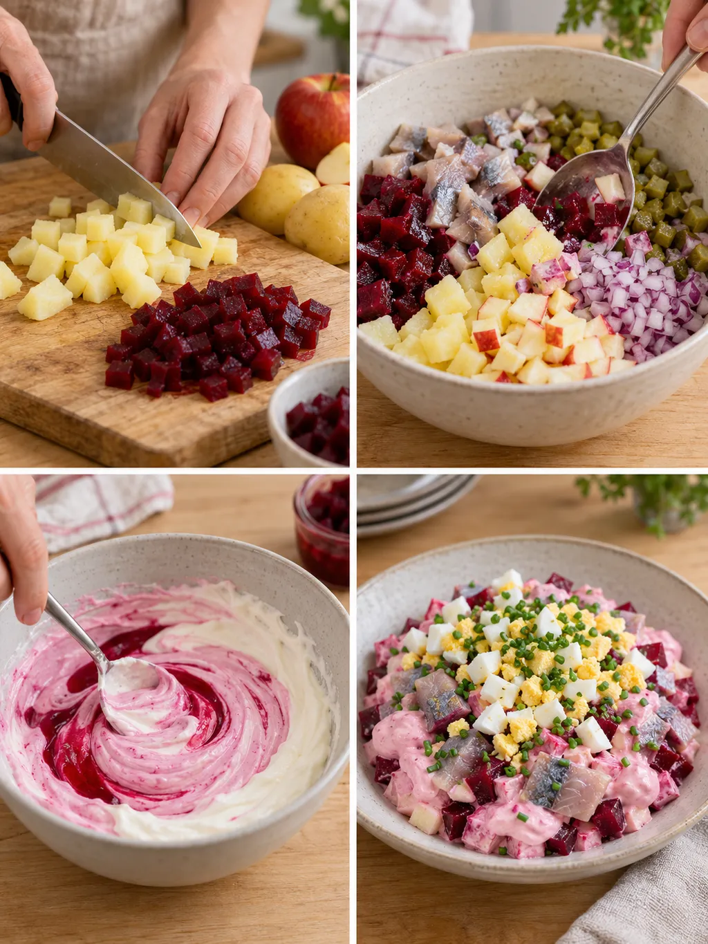 Potatis tärnas, sillsallad blandas och rosa grädde förbereds före servering