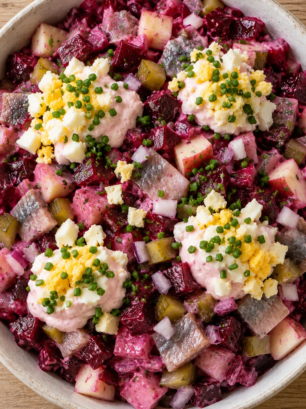Röd sillsallad med äpple, rosa gräddklickar, hackat ägg och gräslök