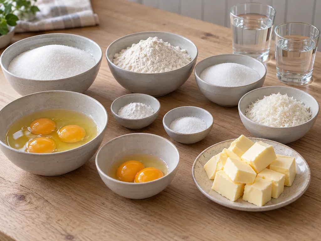 Ägg, socker, mjöl, smör, vaniljsocker och kokos till silviakaka