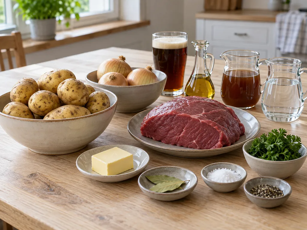 Nötkött, potatis, tre lökar, öl, buljong, smör och kryddor till sjömansbiff