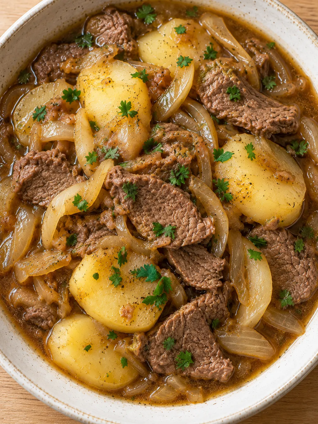 Sjömansbiff med mjuk potatis, nötkött och gyllene lök toppad med persilja