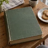 En sliten bakbok bredvid ett kakfat och en kaffekopp på ett köksbord.