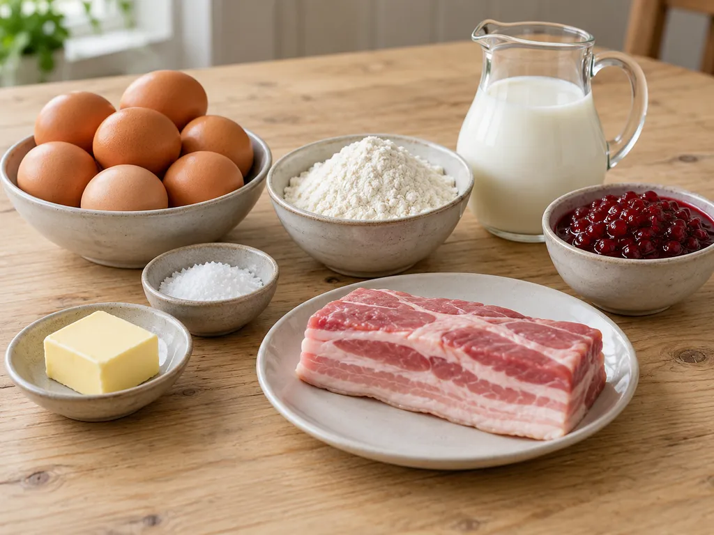Ägg, mjölk, vetemjöl, smör, salt, rimmat sidfläsk och rårörda lingon